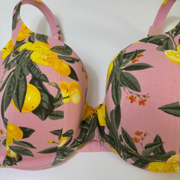 Cacique Cotton Boost Plunge Bra Size 40D Pink Leaves Lemon Breathable NWT - Picture 2 of 9